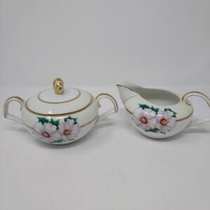 Kent Tropical Pattern Sugar Bowl Lid Creamer Set Occupied Japan Vintage 1950